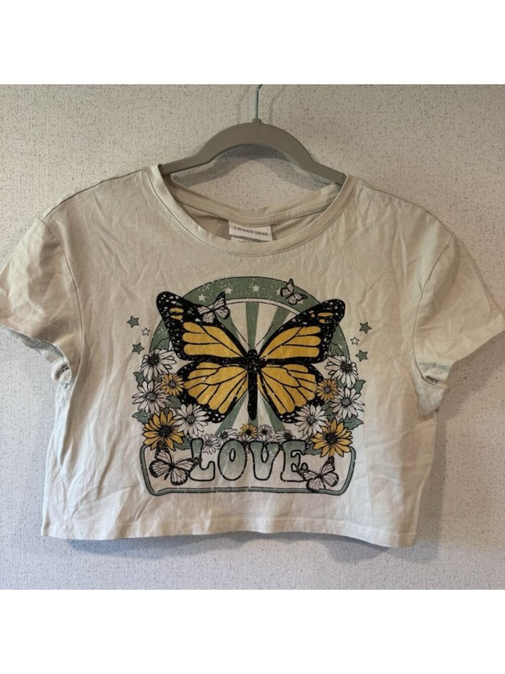 Y2K Tween Diva Butterfly Crop Top LOVE Size 16 Youth Women’s S 100% Cotton